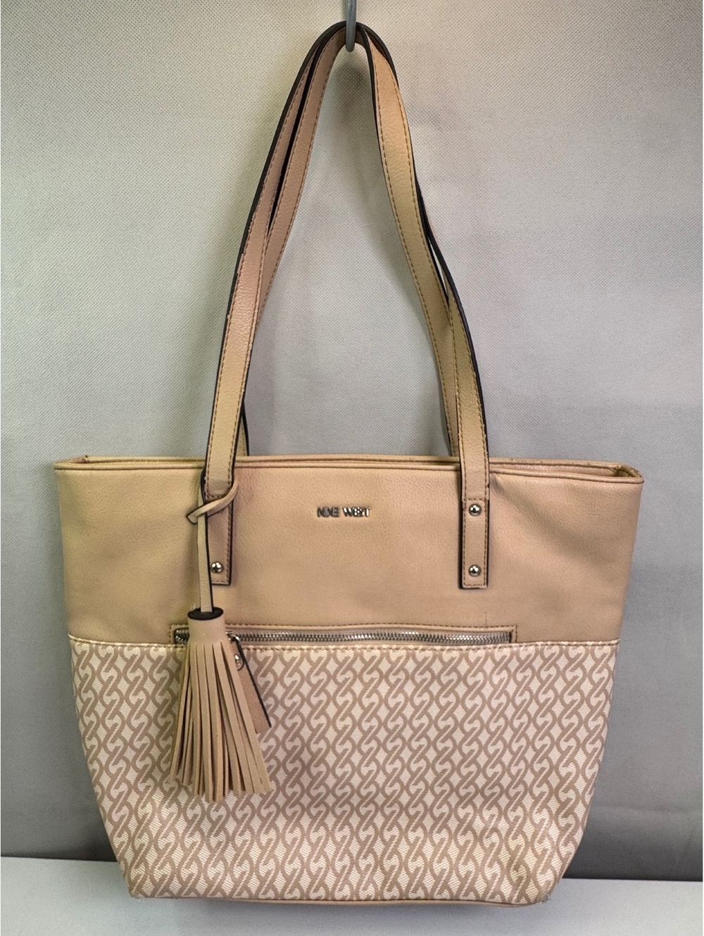 Nine West Beige Logo Print Tote Bag Tassel Large Shoulder Handbag - Picture 2 of 6